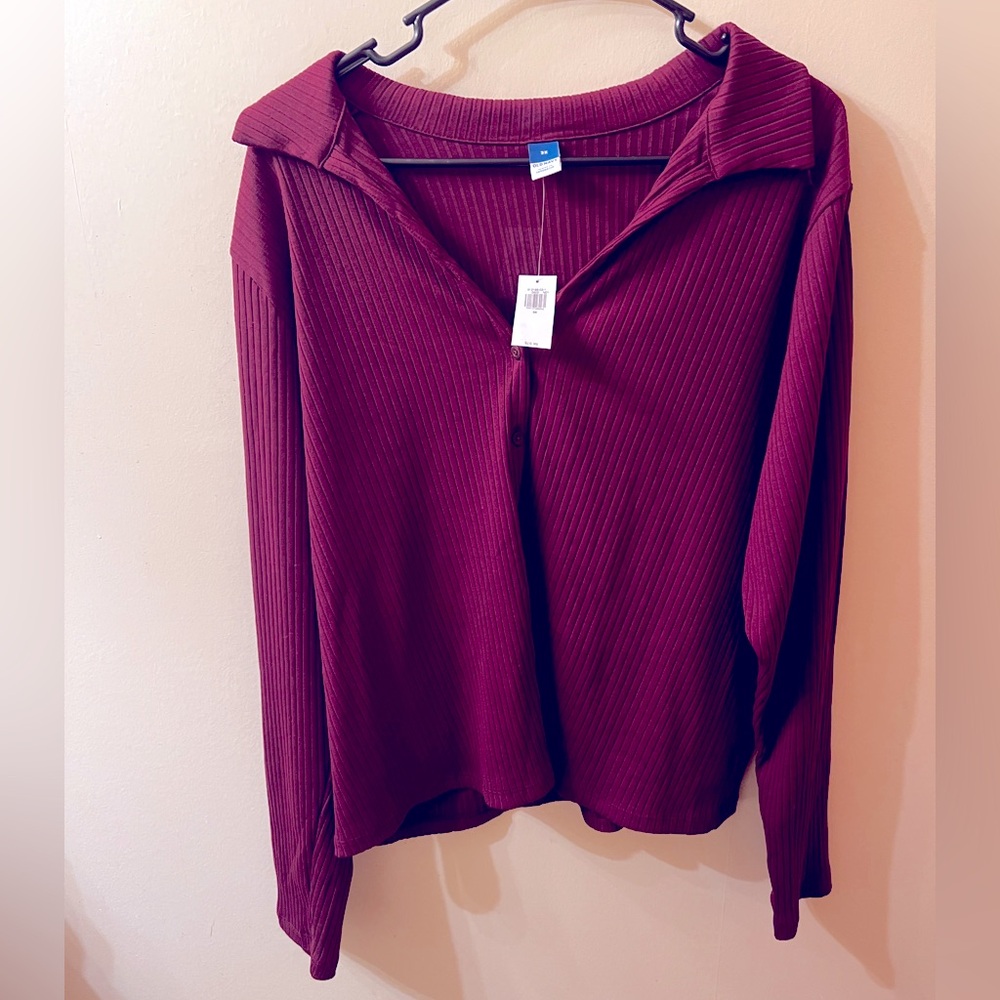 Old Navy Womens Maroon Ribbed  Cropped Button Down Collard Shirt 3x NWT
